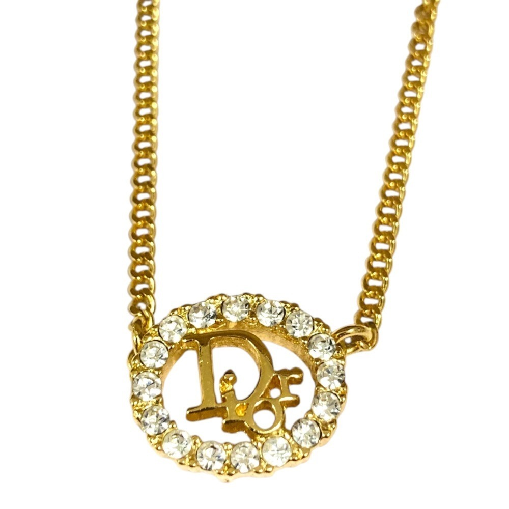 Christian Dior Vintage Crystal Oval Logo Pendant Necklace, Gold Tone, Women's